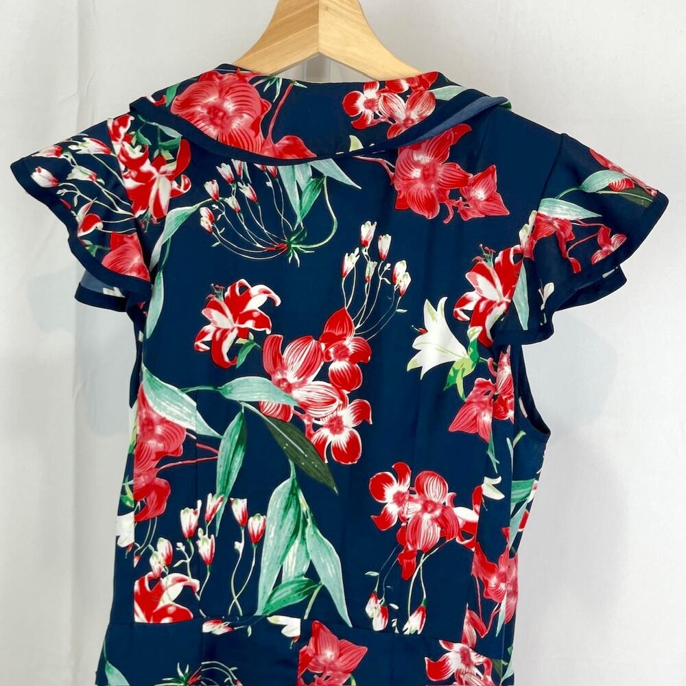 KAREN WALKER Hi There Sz 10 Anthropologie Hibiscus Floral Wrap Dress Blue Multi - Picture 6 of 10